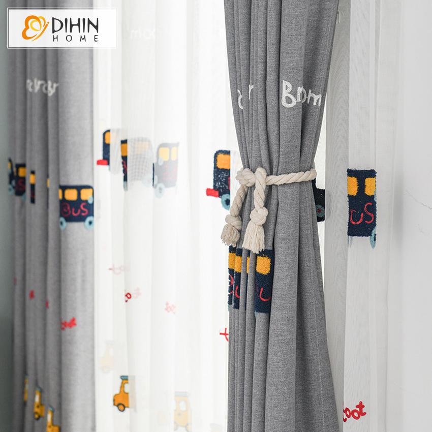 DIHIN HOME Cartoon Grey Color Embroidered Cars,Blackout Curtains Grommet Window Curtain for Living Room ,52x63-inch,1 Panel