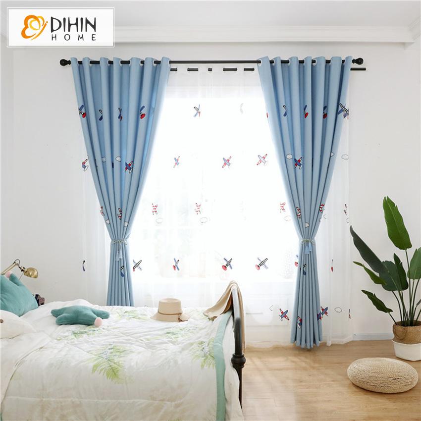 DIHIN HOME Cartoon Helicopter Embroidered,Blackout Grommet Window Curtain for Living Room ,52x63-inch,1 Panel