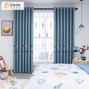 DIHINHOME Home Textile Kid's Curtain DIHIN HOME Cartoon House Blue Color Embroidered Curtains,Grommet Window Curtain for Living Room ,52x63-inch,1 Panel