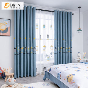 DIHIN HOME Cartoon House Blue Color Embroidered Curtains,Grommet Window Curtain for Living Room ,52x63-inch,1 Panel