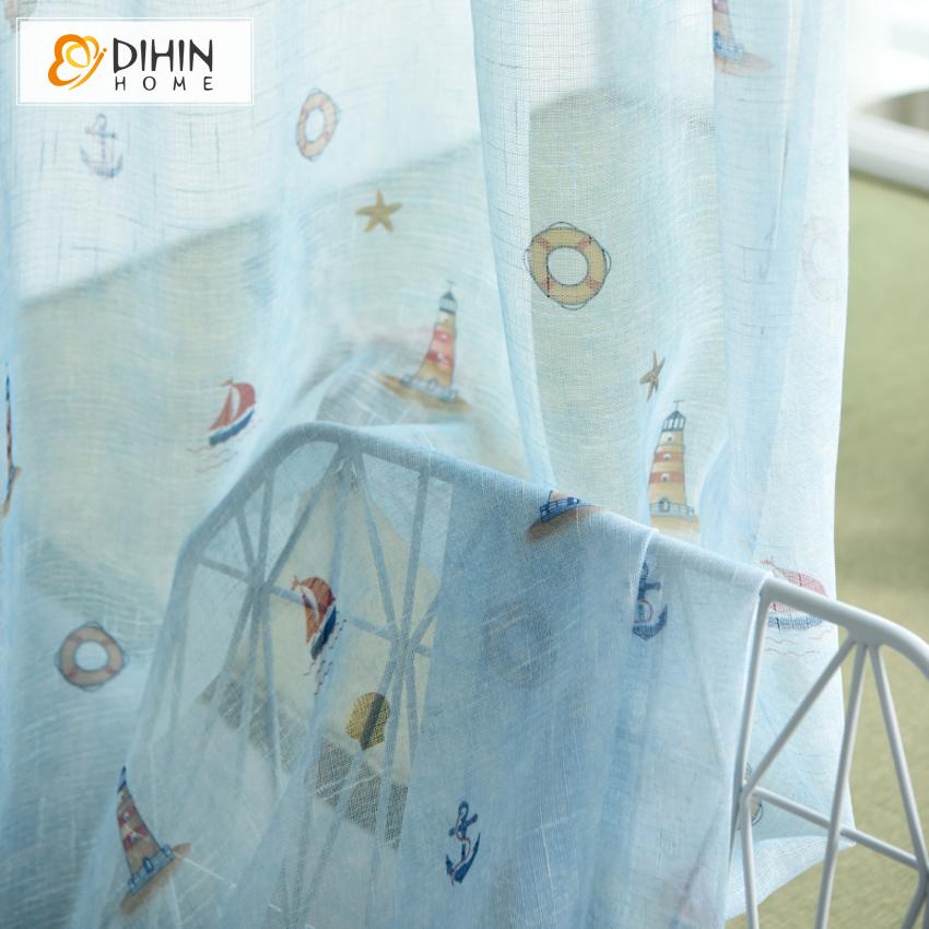 DIHINHOME Home Textile Kid's Curtain DIHIN HOME Cartoon Light Blue Sailing Boat Printed,Blackout Grommet Window Curtain for Living Room ,52x63-inch,1 Panel