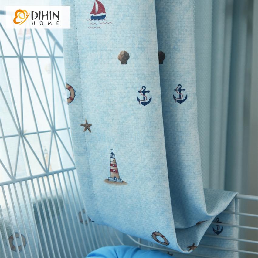 DIHINHOME Home Textile Kid's Curtain DIHIN HOME Cartoon Light Blue Sailing Boat Printed,Blackout Grommet Window Curtain for Living Room ,52x63-inch,1 Panel