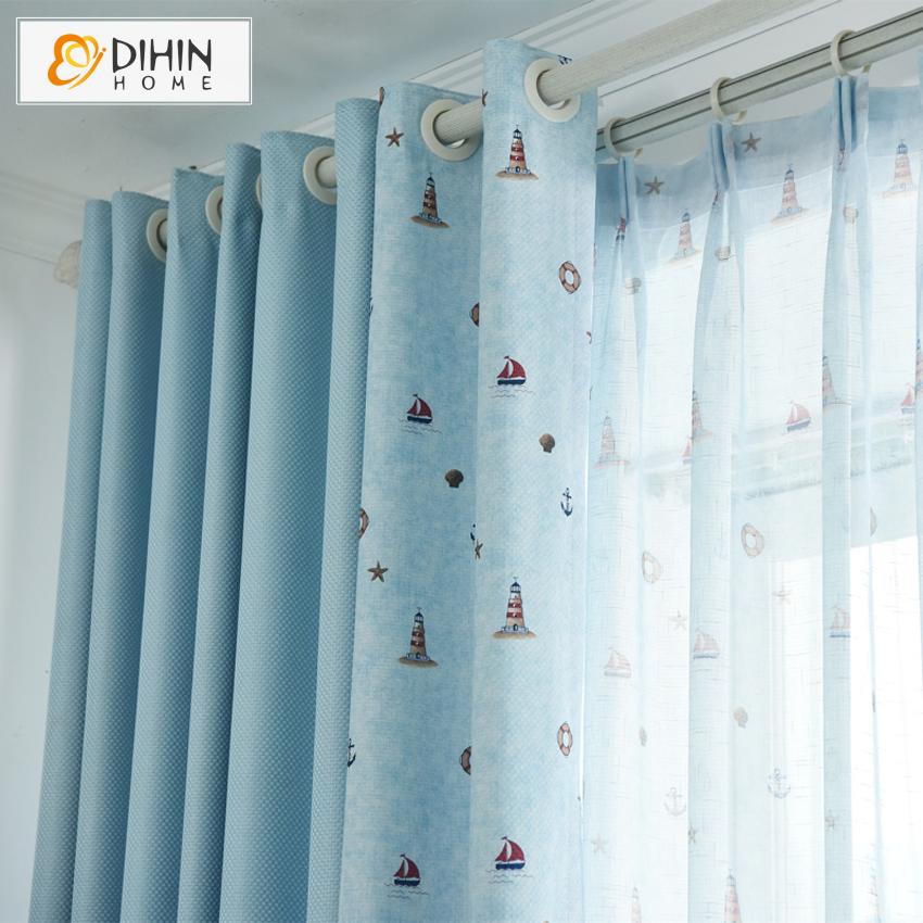 DIHINHOME Home Textile Kid's Curtain DIHIN HOME Cartoon Light Blue Sailing Boat Printed,Blackout Grommet Window Curtain for Living Room ,52x63-inch,1 Panel