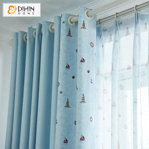 DIHINHOME Home Textile Kid's Curtain DIHIN HOME Cartoon Light Blue Sailing Boat Printed,Blackout Grommet Window Curtain for Living Room ,52x63-inch,1 Panel