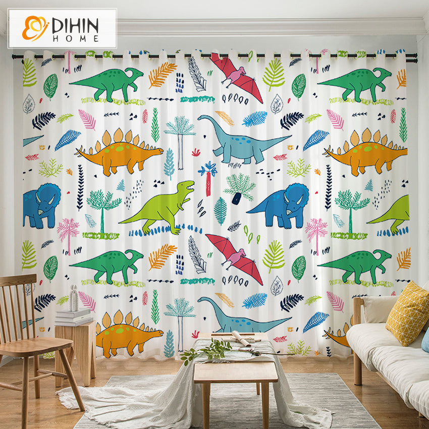 DIHIN HOME Cartoon Little Dinosaur Printed,Blackout Curtains Grommet Window Curtain for Living Room ,52x84-inch,1 Panel