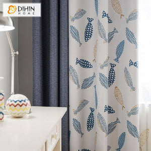 DIHIN HOME Cartoon Little Fish Printed Curtain With Valance,Blackout Curtains Grommet Window Curtain for Living Room ,52x84-inch,1 Panel