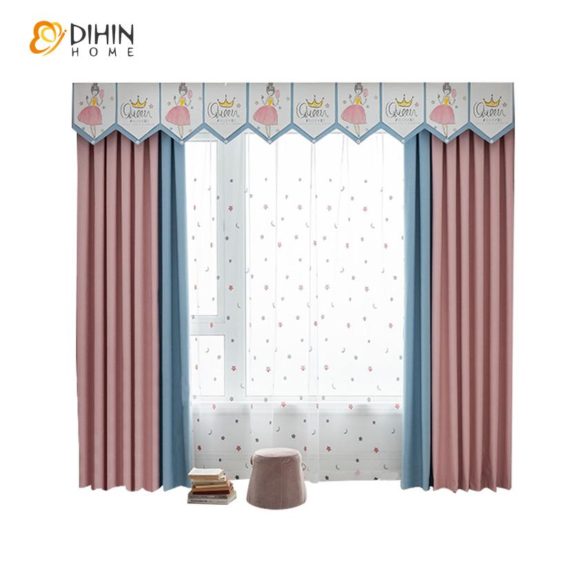 DIHIN HOME Cartoon Little Princess Blue and Pink Curtain With Valance,Blackout Curtains Grommet Window Curtain for Living Room ,52x84-inch,1 Panel