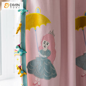 DIHINHOME Home Textile Kid's Curtain DIHIN HOME Cartoon Little Princess With Umbrella Embroidered Curtains,Grommet Window Curtain for Living Room ,52x63-inch,1 Panel