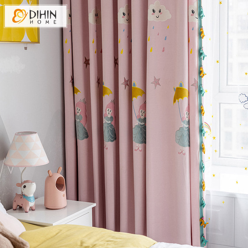 DIHINHOME Home Textile Kid's Curtain DIHIN HOME Cartoon Little Princess With Umbrella Embroidered Curtains,Grommet Window Curtain for Living Room ,52x63-inch,1 Panel