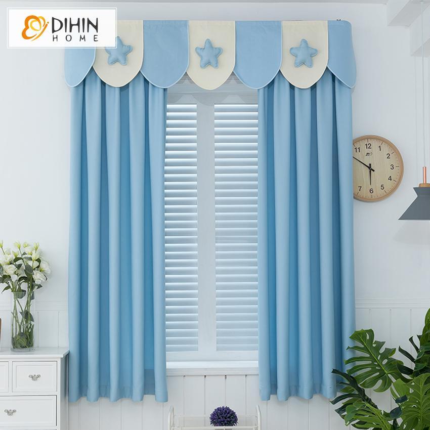 DIHIN HOME Cartoon Lucky Stars Blue Curtain With Valance,Blackout Curtains Grommet Window Curtain for Living Room ,52x84-inch,1 Panel