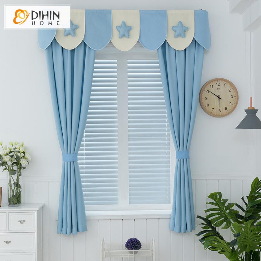 DIHIN HOME Cartoon Lucky Stars Blue Curtain With Valance,Blackout Curtains Grommet Window Curtain for Living Room ,52x84-inch,1 Panel