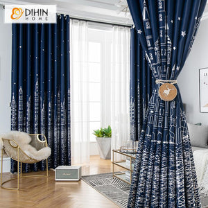 DIHINHOME Home Textile Kid's Curtain DIHIN HOME Cartoon Navy Blue Castle Printed,Blackout Grommet Window Curtain for Living Room ,52x63-inch,1 Panel