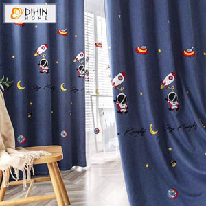 DIHINHOME Home Textile Kid's Curtain DIHIN HOME Cartoon Navy Blue Color Astronaut Embroidered,Blackout Grommet Window Curtain for Living Room ,52x63-inch,1 Panel