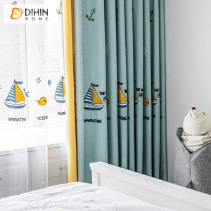 DIHINHOME Home Textile Kid's Curtain DIHIN HOME Cartoon Ocean Boat Embroidered Curtains,Grommet Window Curtain for Living Room ,52x63-inch,1 Panel