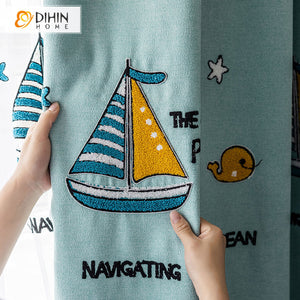 DIHINHOME Home Textile Kid's Curtain DIHIN HOME Cartoon Ocean Boat Embroidered Curtains,Grommet Window Curtain for Living Room ,52x63-inch,1 Panel