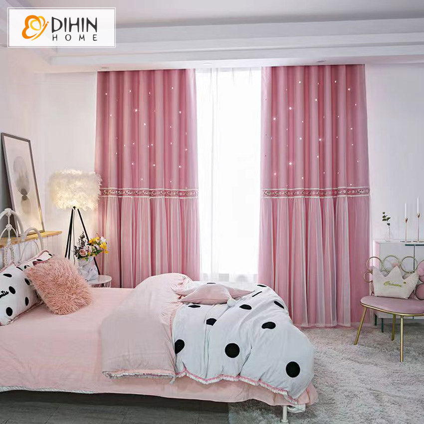 DIHINHOME Home Textile Kid's Curtain DIHIN HOME Cartoon Pink Color Curtains With Sheer Curtain Laces,Blackout Grommet Window Curtain for Living Room ,52x63-inch,1 Panel