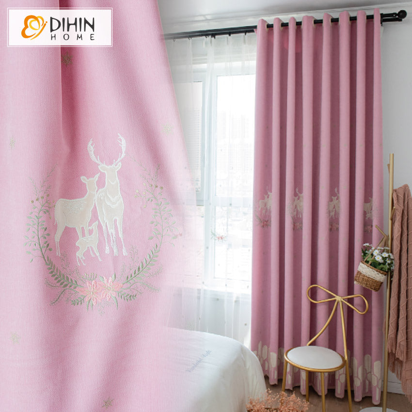 DIHINHOME Home Textile Kid's Curtain DIHIN HOME Cartoon Pink Color Deer Embroidered,Blackout Grommet Window Curtain for Living Room ,52x63-inch,1 Panel