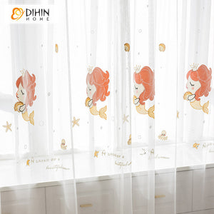 DIHINHOME Home Textile Kid's Curtain DIHIN HOME Cartoon Pink Color Mermaid Embroidered,Blackout Grommet Window Curtain for Living Room ,52x63-inch,1 Panel