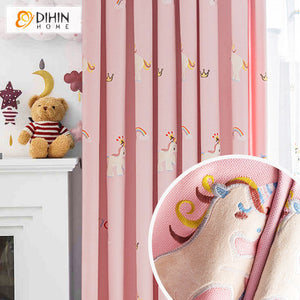 DIHINHOME Home Textile Kid's Curtain DIHIN HOME Cartoon Pink Color Pony Embroidered,Blackout Grommet Window Curtain for Living Room ,52x63-inch,1 Panel
