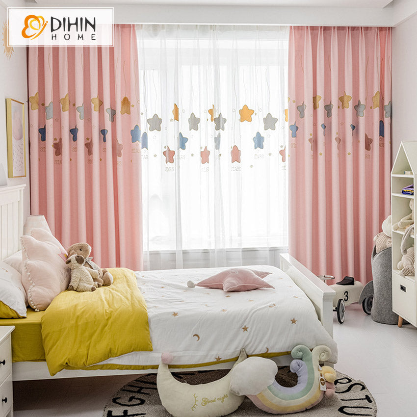 DIHINHOME Home Textile Kid's Curtain DIHIN HOME Cartoon Pink Color Stars Embroidered,Blackout Grommet Window Curtain for Living Room ,52x63-inch,1 Panel