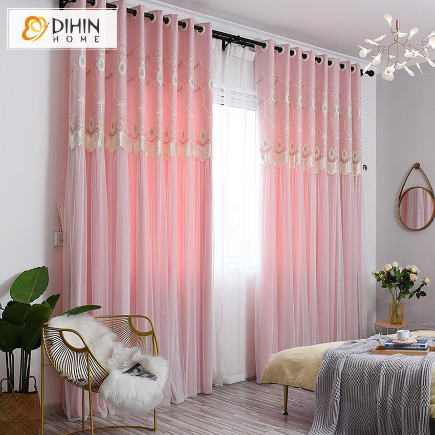 DIHINHOME Home Textile Kid's Curtain DIHIN HOME Cartoon Pink Embroidered Curtains,Blackout Grommet Window Curtain for Living Room ,52x63-inch,1 Panel