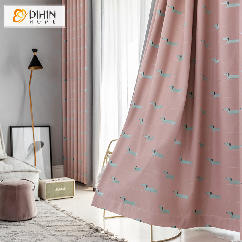 DIHIN HOME Cartoon Pink Fabric Blue Dogs Embroideried,Blackout Grommet Window Curtain for Living Room ,52x63-inch,1 Panel