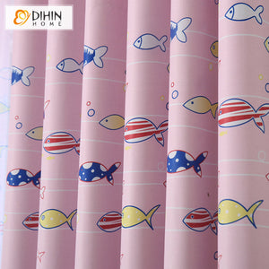 DIHINHOME Home Textile Kid's Curtain DIHIN HOME Cartoon Pink Fabric Sea Fish Printed,Blackout Grommet Window Curtain for Living Room,1 Panel