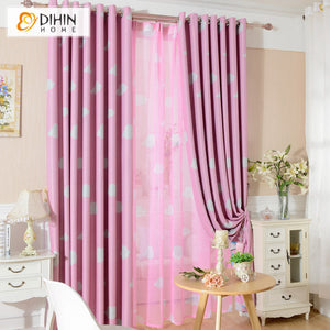 DIHINHOME Home Textile Kid's Curtain DIHIN HOME Cartoon Pink Fabric White Clouds Printed,Blackout Grommet Window Curtain for Living Room,1 Panel