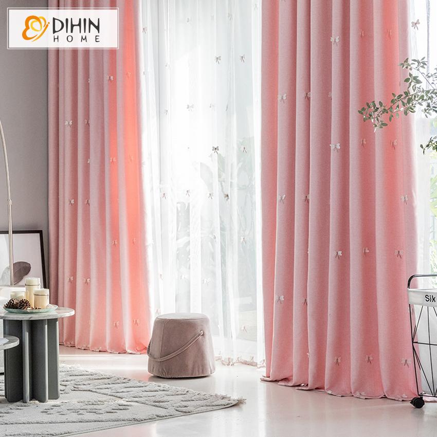 DIHIN HOME Cartoon Pink Little Butterfly Embroidered ,Blackout Grommet Window Curtain for Living Room ,52x63-inch,1 Panel