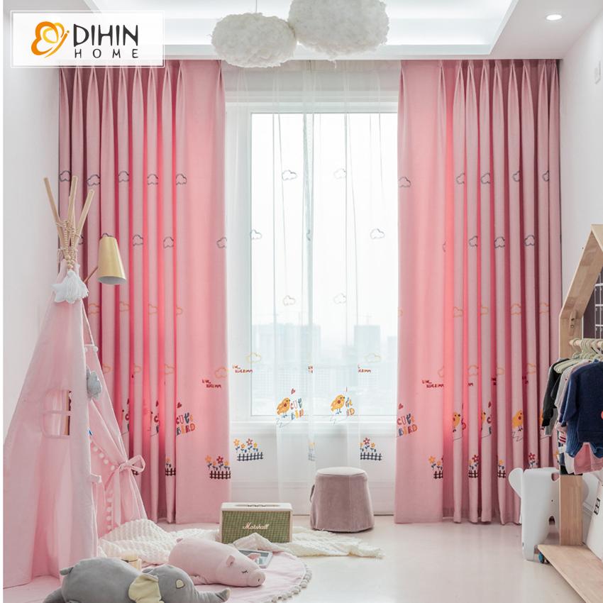 DIHIN HOME Cartoon Pink Little Chicken Embroidered Curtains,Blackout Grommet Window Curtain for Living Room ,52x63-inch,1 Panel