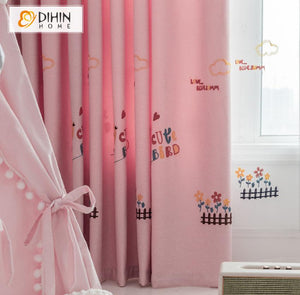 DIHIN HOME Cartoon Pink Little Chicken Embroidered Curtains,Blackout Grommet Window Curtain for Living Room ,52x63-inch,1 Panel