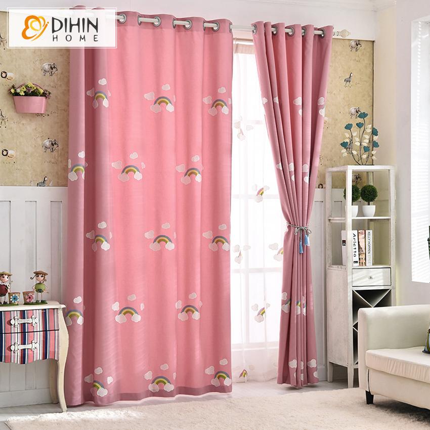 DIHIN HOME Cartoon Pink Rainbow Embroidered,Blackout Grommet Window Curtain for Living Room ,52x63-inch,1 Panel