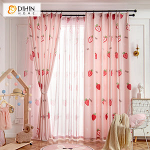 DIHIN HOME Cartoon Pink Strawberry Printed,Half Blackout Curtains Grommet Window Curtain for Living Room ,52x63-inch,1 Panel