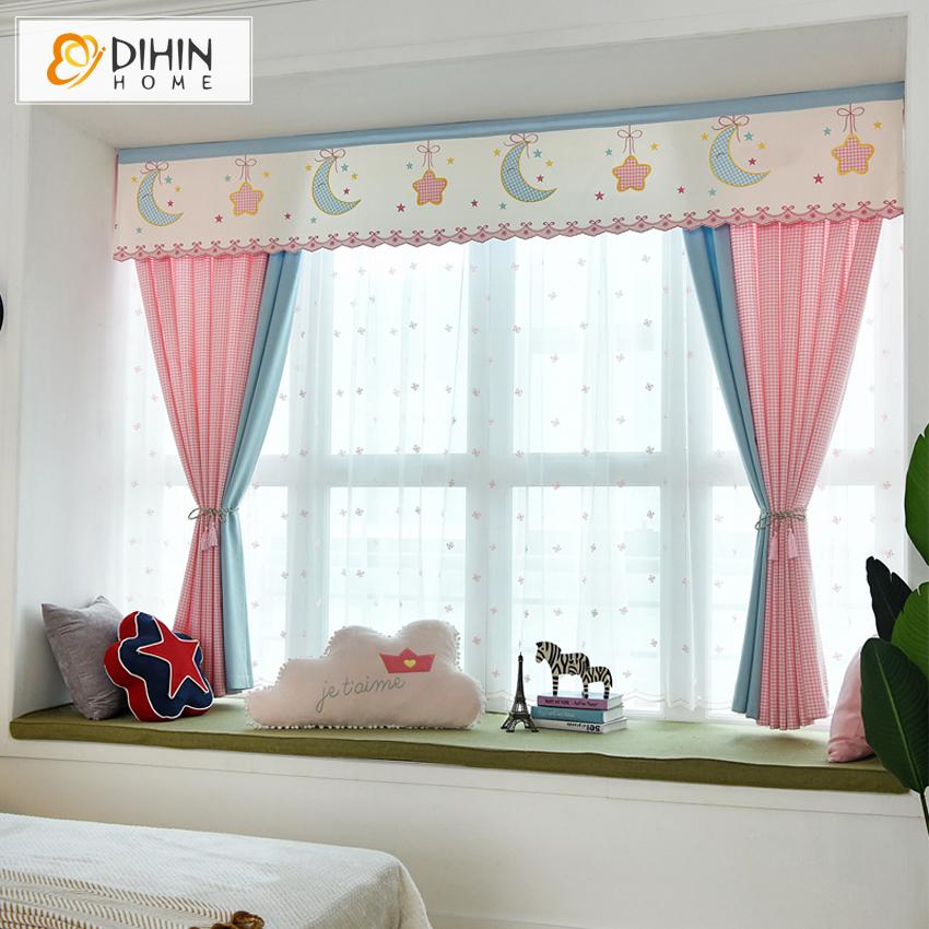 DIHIN HOME Cartoon Pink Striped Style Star and Moon Printed Curtain With Valance,Blackout Curtains Grommet Window Curtain for Living Room ,52x84-inch,1 Panel