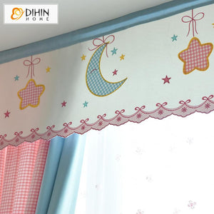 DIHIN HOME Cartoon Pink Striped Style Star and Moon Printed Curtain With Valance,Blackout Curtains Grommet Window Curtain for Living Room ,52x84-inch,1 Panel