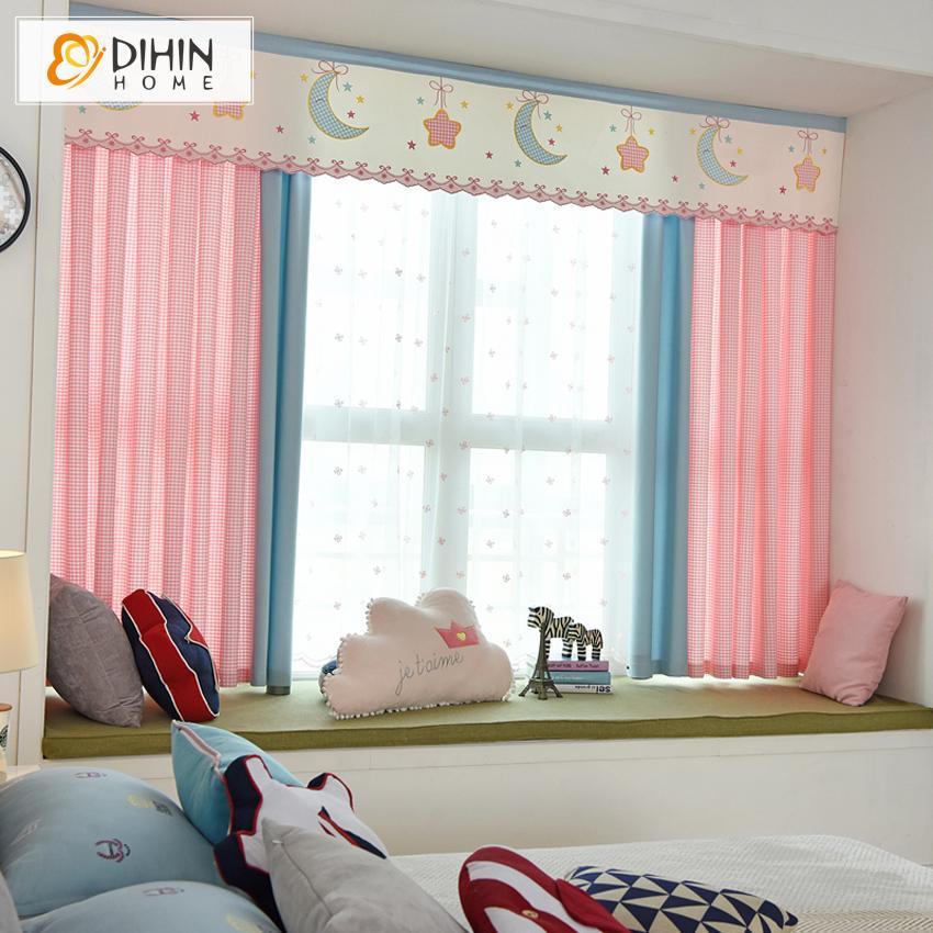 DIHIN HOME Cartoon Pink Striped Style Star and Moon Printed Curtain With Valance,Blackout Curtains Grommet Window Curtain for Living Room ,52x84-inch,1 Panel