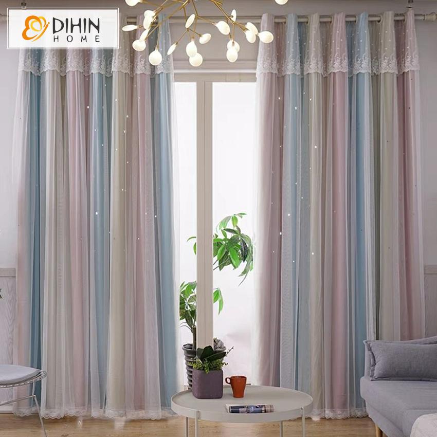 DIHIN HOME Cartoon Princess Lace Striped Blackout Curtains With Sheer Curtain,Blackout Grommet Window Curtain for Living Room ,52x63-inch,1 Panel