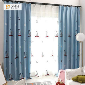 DIHINHOME Home Textile Kid's Curtain DIHIN HOME Cartoon Sailboat Printed ,Cotton Linen ,Blackout Grommet Window Curtain for Living Room ,52x63-inch,1 Panel