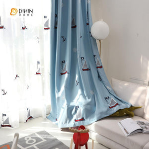 DIHINHOME Home Textile Kid's Curtain DIHIN HOME Cartoon Sailboat Printed ,Cotton Linen ,Blackout Grommet Window Curtain for Living Room ,52x63-inch,1 Panel