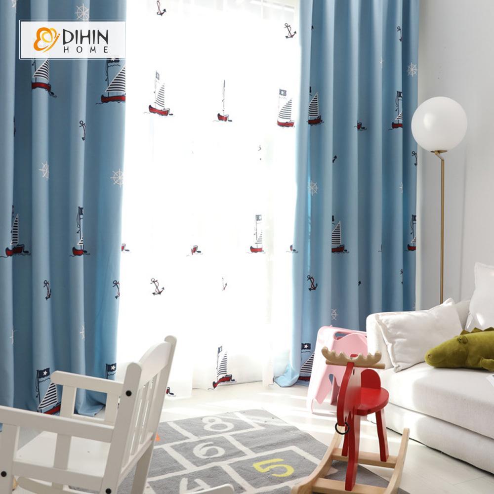 DIHINHOME Home Textile Kid's Curtain DIHIN HOME Cartoon Sailboat Printed ,Cotton Linen ,Blackout Grommet Window Curtain for Living Room ,52x63-inch,1 Panel