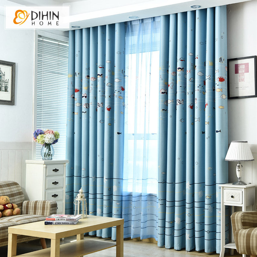 DIHIN HOME Cartoon Sea Fish Printed,Blackout Curtains Grommet Window Curtain for Living Room ,52x63-inch,1 Panel