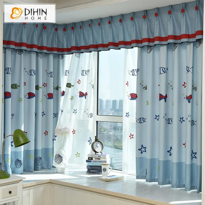 DIHIN HOME Cartoon Small Fish Embroidered Curtain With Valance,Blackout Curtains Grommet Window Curtain for Living Room ,52x84-inch,1 Panel