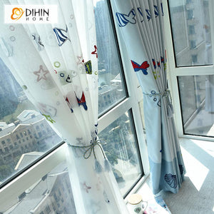 DIHIN HOME Cartoon Small Fish Embroidered Curtain With Valance,Blackout Curtains Grommet Window Curtain for Living Room ,52x84-inch,1 Panel