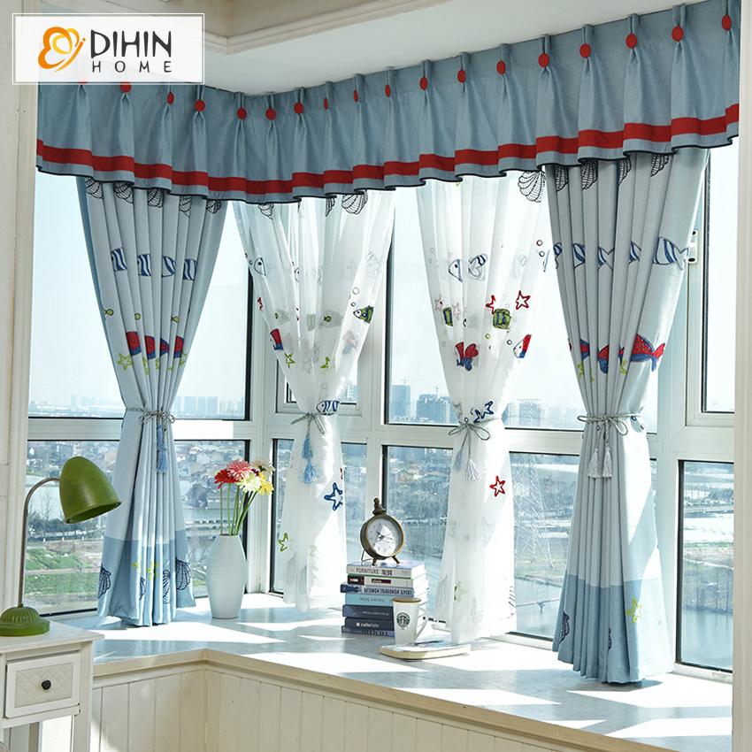 DIHIN HOME Cartoon Small Fish Embroidered Curtain With Valance,Blackout Curtains Grommet Window Curtain for Living Room ,52x84-inch,1 Panel