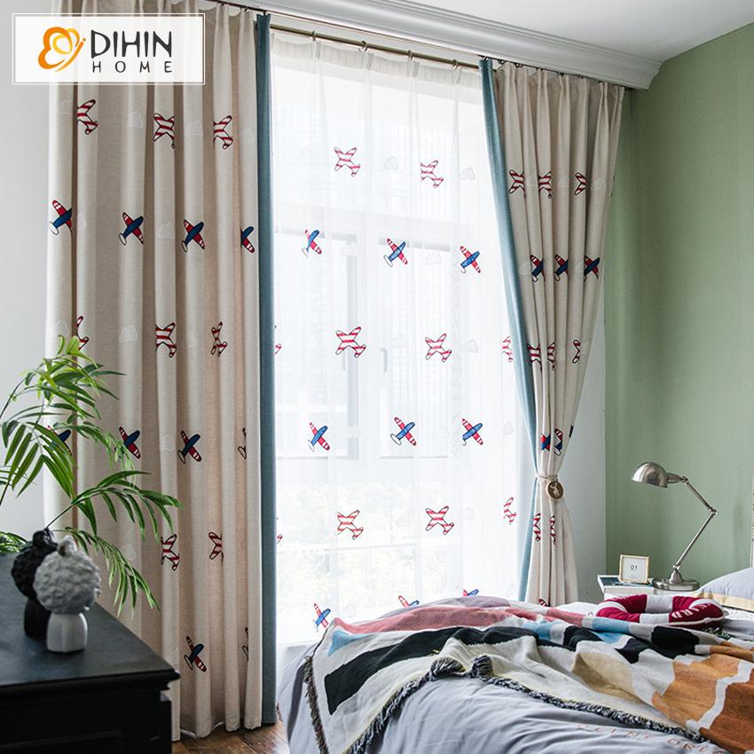 DIHIN HOME Cartoon Small Plane Embroidered Curtain ,Blackout Curtains Grommet Window Curtain for Living Room ,52x84-inch,1 Panel