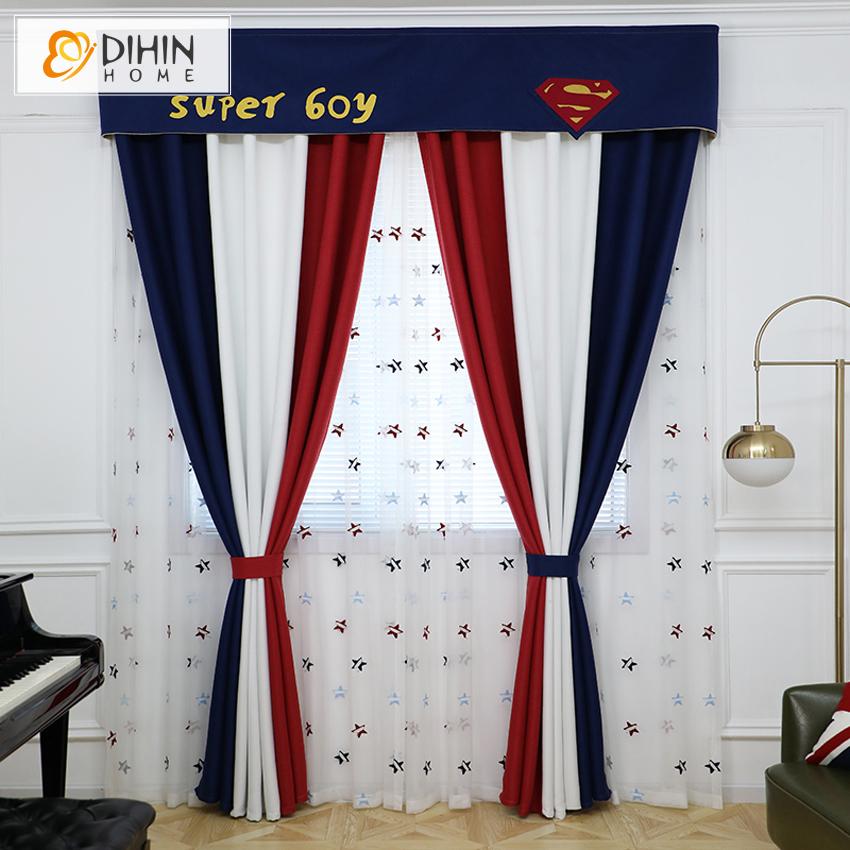 DIHIN HOME Cartoon Super Boy Striped  Embroidered Curtain With Valance,Blackout Curtains Grommet Window Curtain for Living Room ,52x84-inch,1 Panel