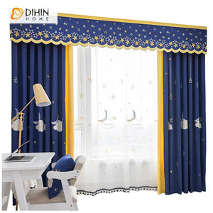 DIHIN HOME Cartoon Sweet Dream Blue  Embroidered Curtain With Valance,Blackout Curtains Grommet Window Curtain for Living Room ,52x84-inch,1 Panel