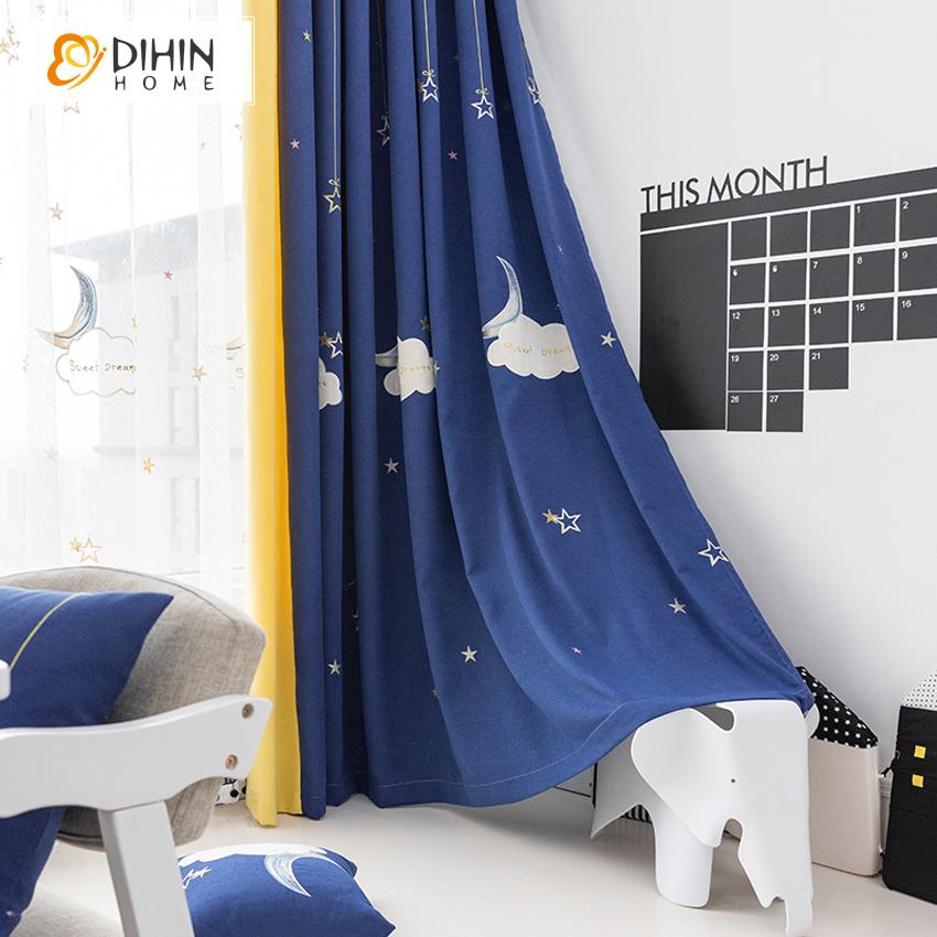 DIHIN HOME Cartoon Sweet Dream Blue  Embroidered Curtain With Valance,Blackout Curtains Grommet Window Curtain for Living Room ,52x84-inch,1 Panel