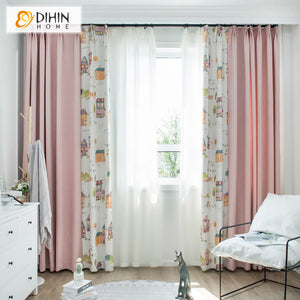 DIHINHOME Home Textile Kid's Curtain DIHIN HOME Cartoon Thickening Pink Color Homeland Printed,Blackout Grommet Window Curtain for Living Room ,52x63-inch,1 Panel