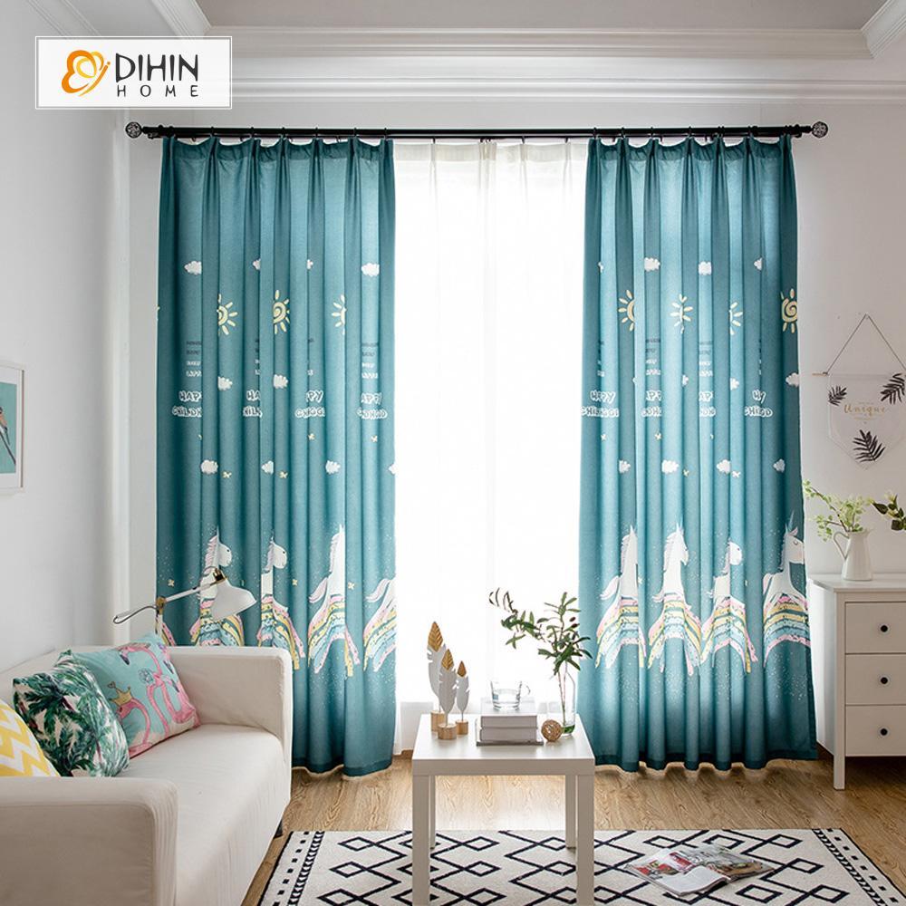 DIHINHOME Home Textile Kid's Curtain DIHIN HOME  Cartoon Unicorn Printed ,Polyester,Blackout Grommet Window Curtain for Living Room ,52x63-inch,1 Panel